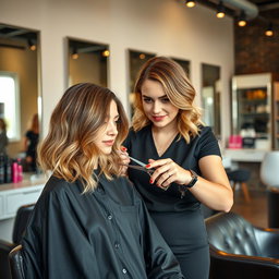 An artistically composed scene of a modern hair salon with a professional stylist giving a fashionable haircut to a stylish adult client