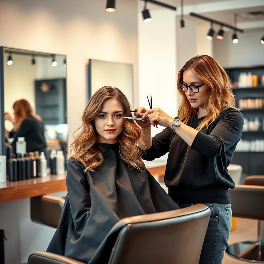 An artistically composed scene of a modern hair salon with a professional stylist giving a fashionable haircut to a stylish adult client