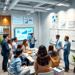 A vibrant scene illustrating a collaboration between a modern company, a vocational school, and a university