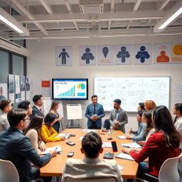 A vibrant scene illustrating a collaboration between a modern company, a vocational school, and a university