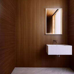 A stylish, modern bathroom enriched with chocolate brown wooden tile planks of precise 6x37 inches size, crafting an immersive sense of rich luxuriousness.