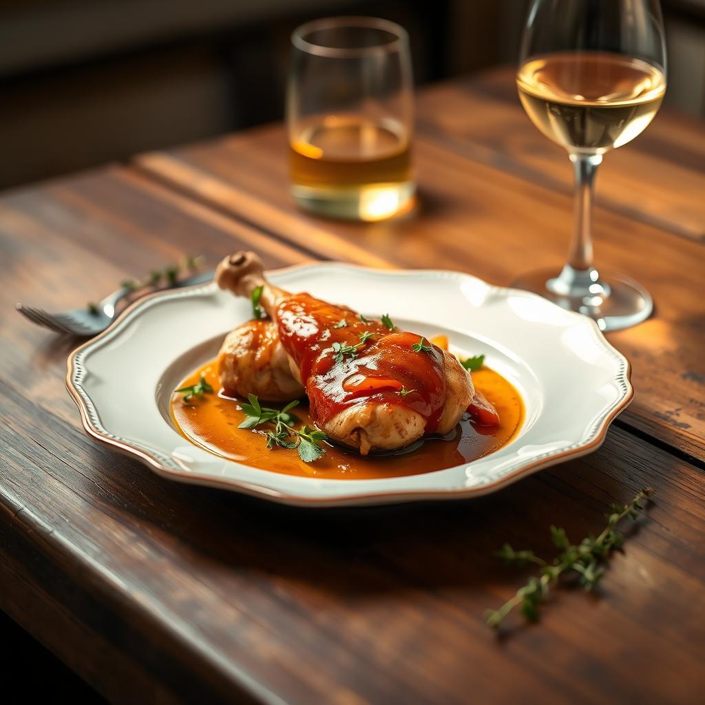 A beautifully presented dish of Poulet à la Vanille on an elegant plate
