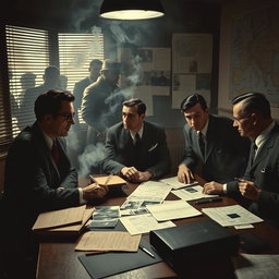 A dramatic Cold War era scene depicting a group of spies in a dimly lit, smoke-filled room, discussing their search for a former Nazi officer who has gone into hiding