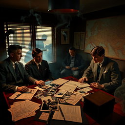 A dramatic Cold War era scene depicting a group of spies in a dimly lit, smoke-filled room, discussing their search for a former Nazi officer who has gone into hiding