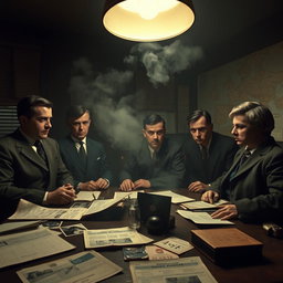 A dramatic Cold War era scene depicting a group of spies in a dimly lit, smoke-filled room, discussing their search for a former Nazi officer who has gone into hiding