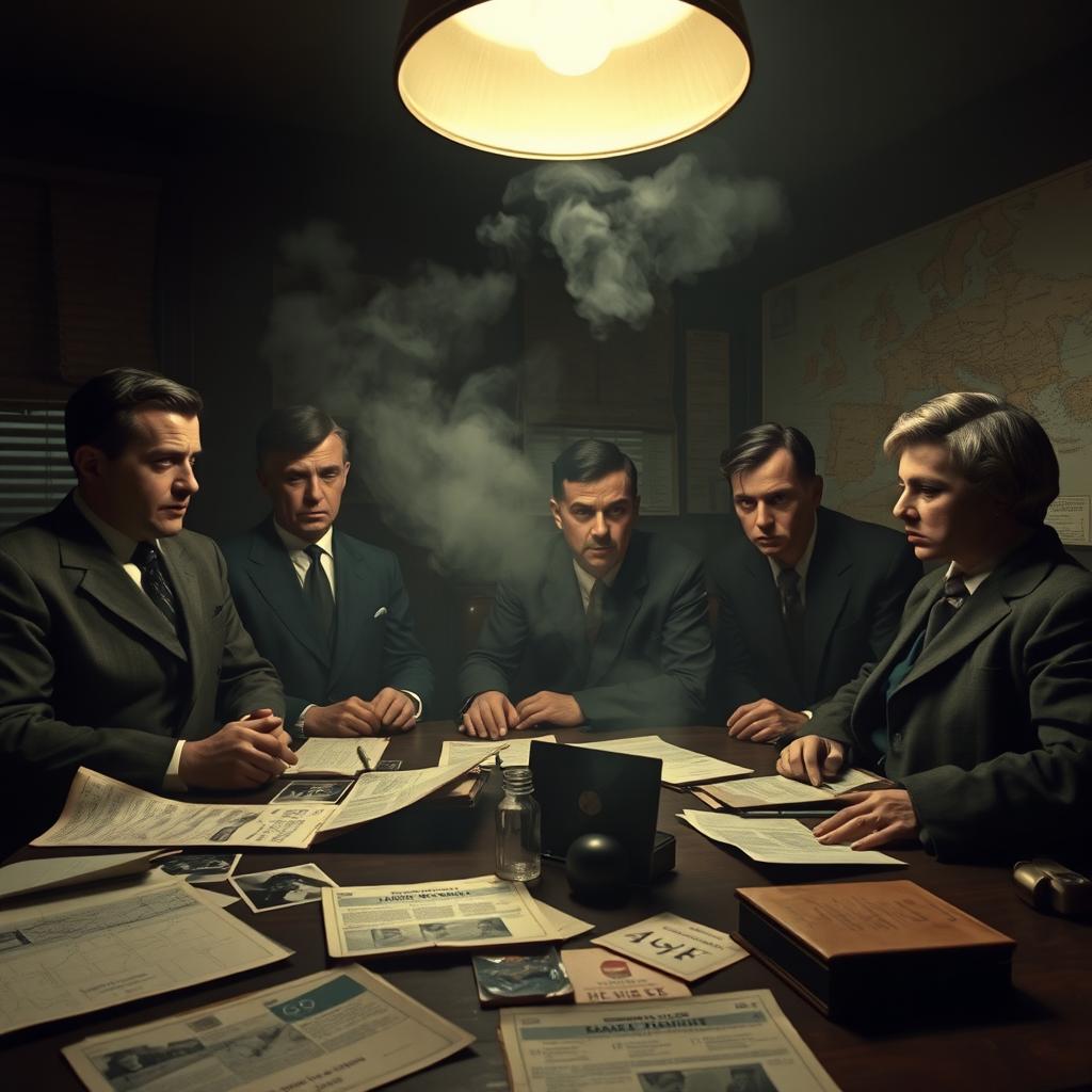 A dramatic Cold War era scene depicting a group of spies in a dimly lit, smoke-filled room, discussing their search for a former Nazi officer who has gone into hiding