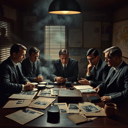 A dramatic Cold War era scene depicting a group of spies in a dimly lit, smoke-filled room, discussing their search for a former Nazi officer who has gone into hiding
