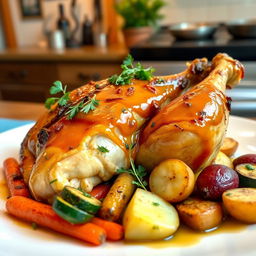 A beautifully presented dish of Poulet à la Vanille, featuring tender roasted chicken glazed with a rich vanilla-infused sauce