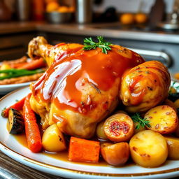 A beautifully presented dish of Poulet à la Vanille, featuring tender roasted chicken glazed with a rich vanilla-infused sauce
