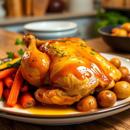 A beautifully presented dish of Poulet à la Vanille, featuring tender roasted chicken glazed with a rich vanilla-infused sauce