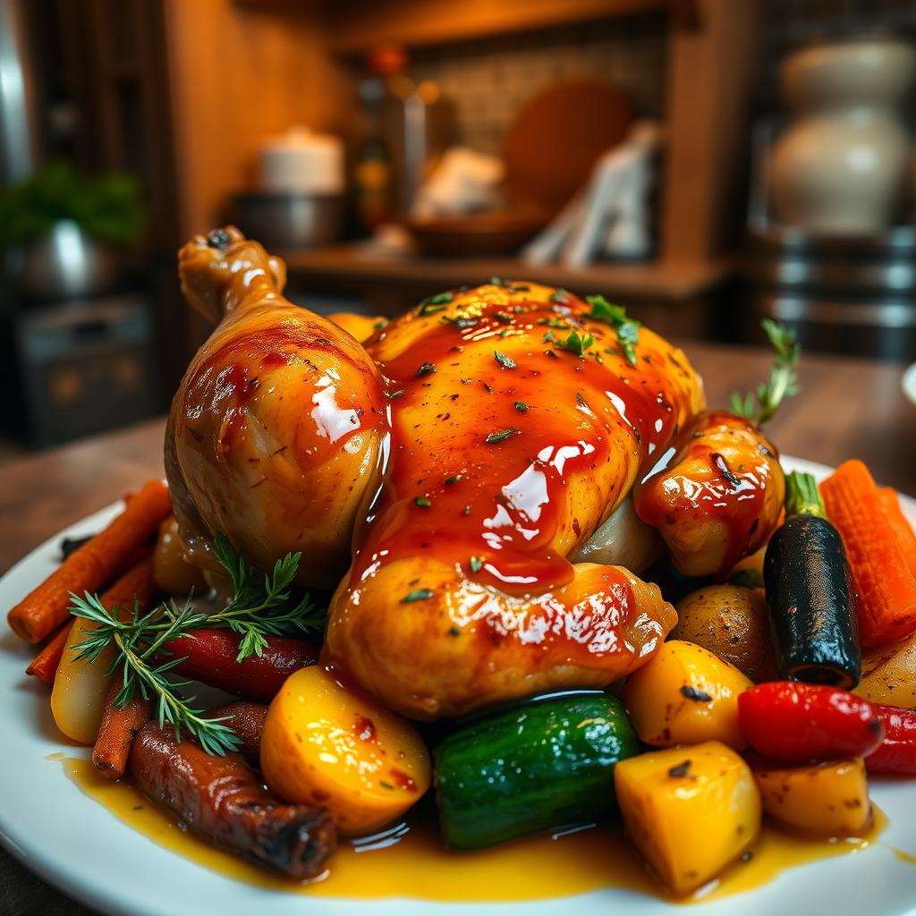 A beautifully presented dish of Poulet à la Vanille, featuring tender roasted chicken glazed with a rich vanilla-infused sauce