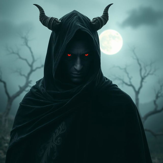 A mysterious figure of a devil draped in a dark, flowing cloak