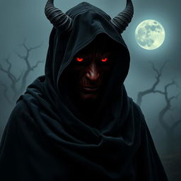 A mysterious figure of a devil draped in a dark, flowing cloak