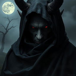A mysterious figure of a devil draped in a dark, flowing cloak