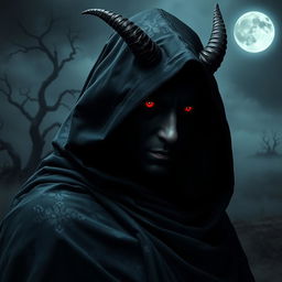 A mysterious figure of a devil draped in a dark, flowing cloak
