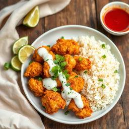 A beautifully arranged plate of golden-brown, crispy fried chicken pieces, cooked in a luscious coconut milk and vanilla sauce