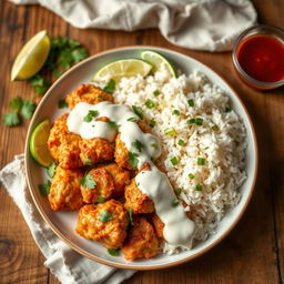 A beautifully arranged plate of golden-brown, crispy fried chicken pieces, cooked in a luscious coconut milk and vanilla sauce