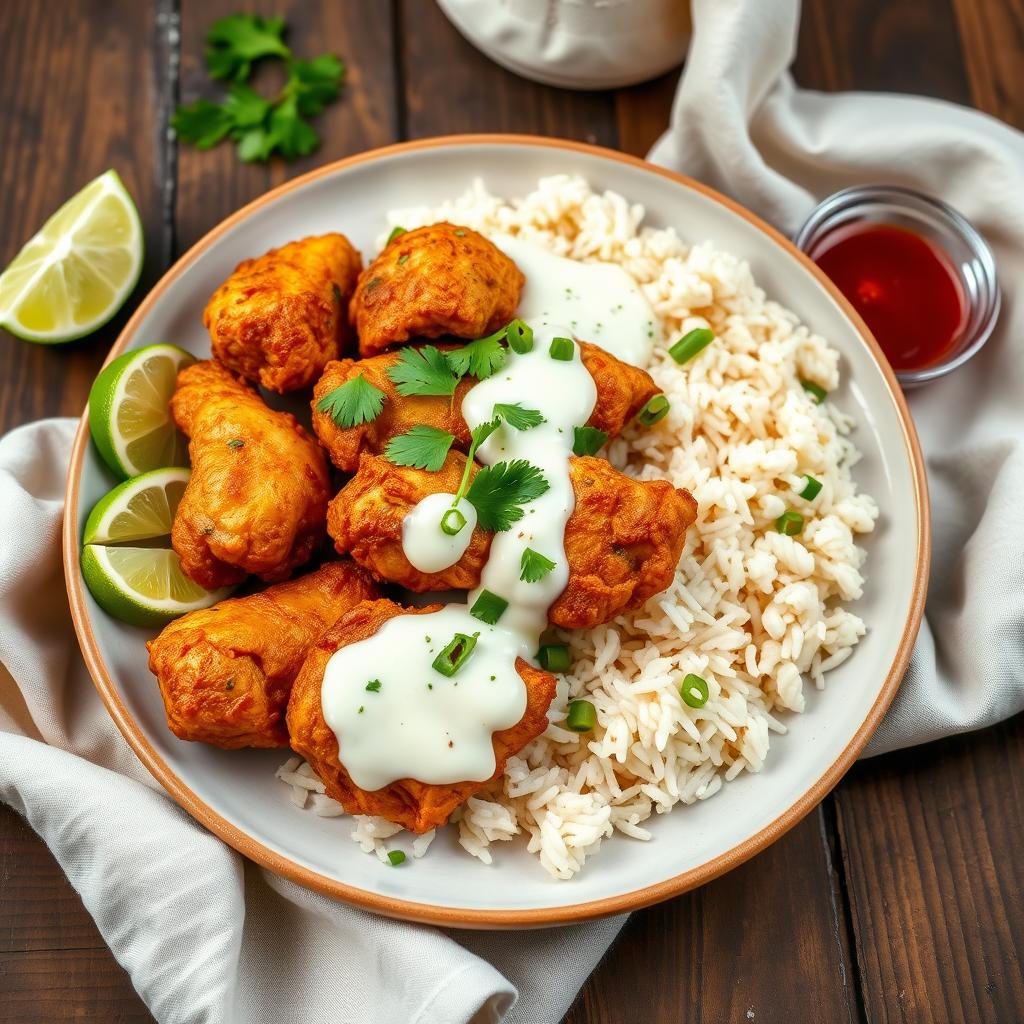 A beautifully arranged plate of golden-brown, crispy fried chicken pieces, cooked in a luscious coconut milk and vanilla sauce
