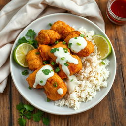 A beautifully arranged plate of golden-brown, crispy fried chicken pieces, cooked in a luscious coconut milk and vanilla sauce