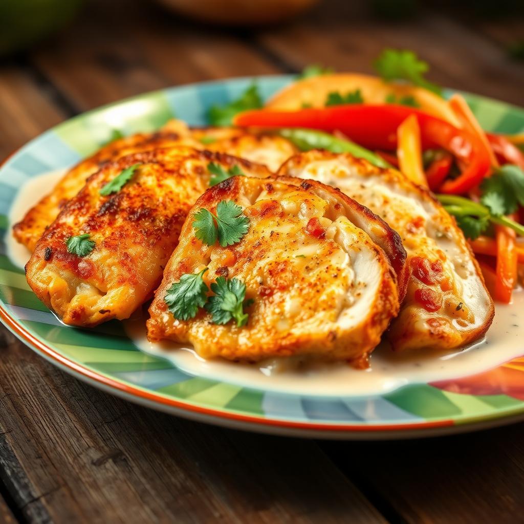 Golden-brown crispy chicken breast slices, beautifully arranged on a vibrant plate