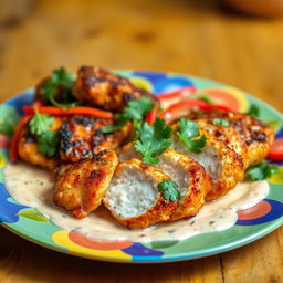 Golden-brown crispy chicken breast slices, beautifully arranged on a vibrant plate
