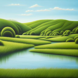 Generate a tranquil and serene landscape painting for a homely setting featuring rolling hills, clear blue skies, and a gentle river with lush greenery.