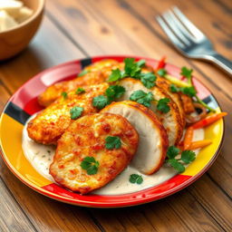 Golden-brown crispy chicken breast slices, beautifully arranged on a vibrant plate