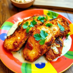 Golden-brown crispy chicken breast slices, beautifully arranged on a vibrant plate