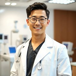 A confident and attractive Korean doctor, dressed in a fitted white lab coat and stylish scrubs, standing in a modern clinic