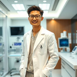 A confident and attractive Korean doctor, dressed in a fitted white lab coat and stylish scrubs, standing in a modern clinic