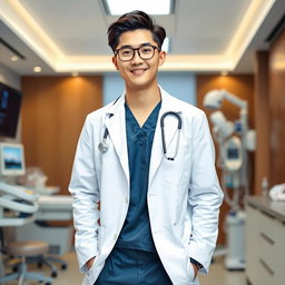A confident and attractive Korean doctor, dressed in a fitted white lab coat and stylish scrubs, standing in a modern clinic