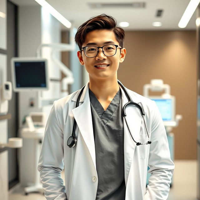 A confident and attractive Korean doctor, dressed in a fitted white lab coat and stylish scrubs, standing in a modern clinic