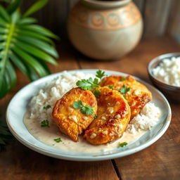 A beautifully plated dish of golden brown fried chicken breast slices, cooked in creamy coconut milk with a hint of vanilla