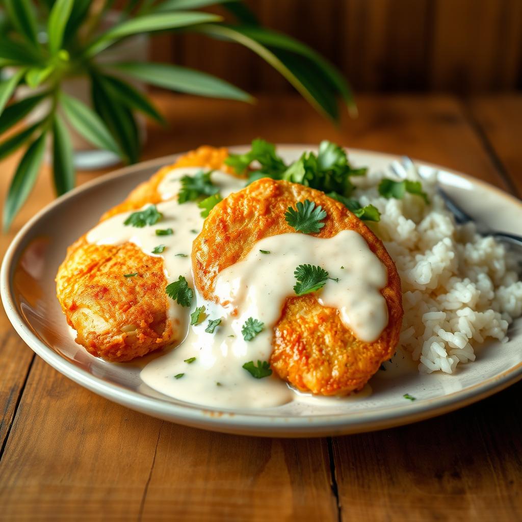 A beautifully plated dish of golden brown fried chicken breast slices, cooked in creamy coconut milk with a hint of vanilla