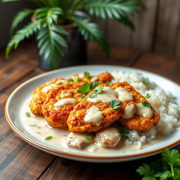 A beautifully plated dish of golden brown fried chicken breast slices, cooked in creamy coconut milk with a hint of vanilla