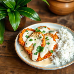 A beautifully plated dish of golden brown fried chicken breast slices, cooked in creamy coconut milk with a hint of vanilla