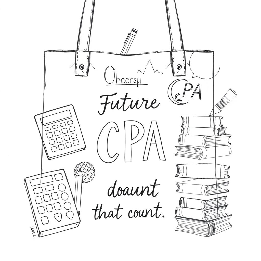 A pencil-drawn tote bag design featuring elements that represent accountancy and finance tailored for undergraduate students