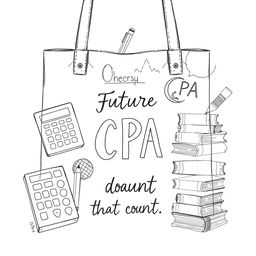 A pencil-drawn tote bag design featuring elements that represent accountancy and finance tailored for undergraduate students