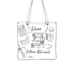 A pencil-drawn tote bag design featuring elements that represent accountancy and finance tailored for undergraduate students