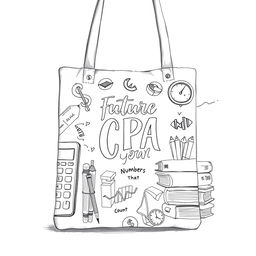 A pencil-drawn tote bag design featuring elements that represent accountancy and finance tailored for undergraduate students