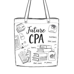 A pencil-drawn tote bag design featuring elements that represent accountancy and finance tailored for undergraduate students