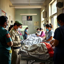 An armed police doctor and nurses providing medical treatment in a bustling Nepal APF hospital