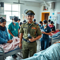 An armed police doctor and nurses providing medical treatment in a bustling Nepal APF hospital
