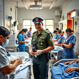 An armed police doctor and nurses providing medical treatment in a bustling Nepal APF hospital