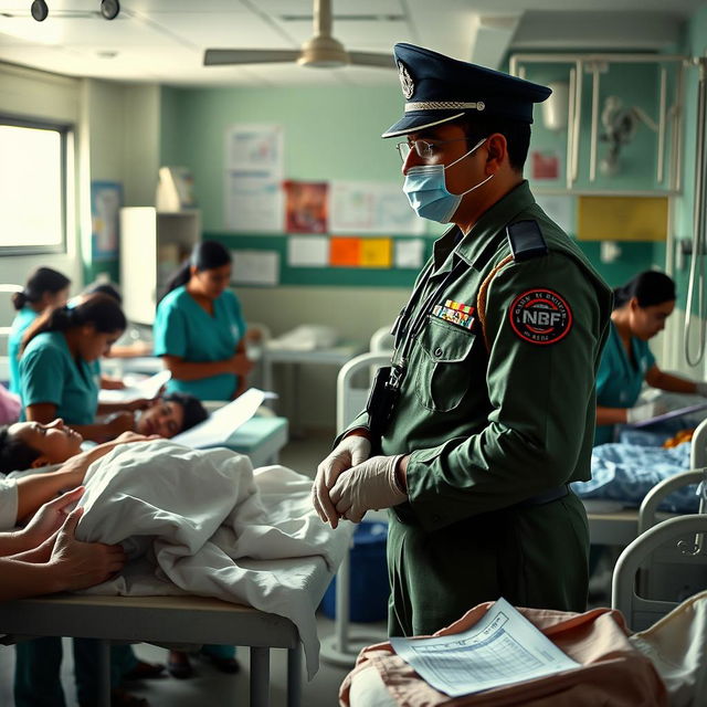 An armed police doctor and nurses providing medical treatment in a bustling Nepal APF hospital