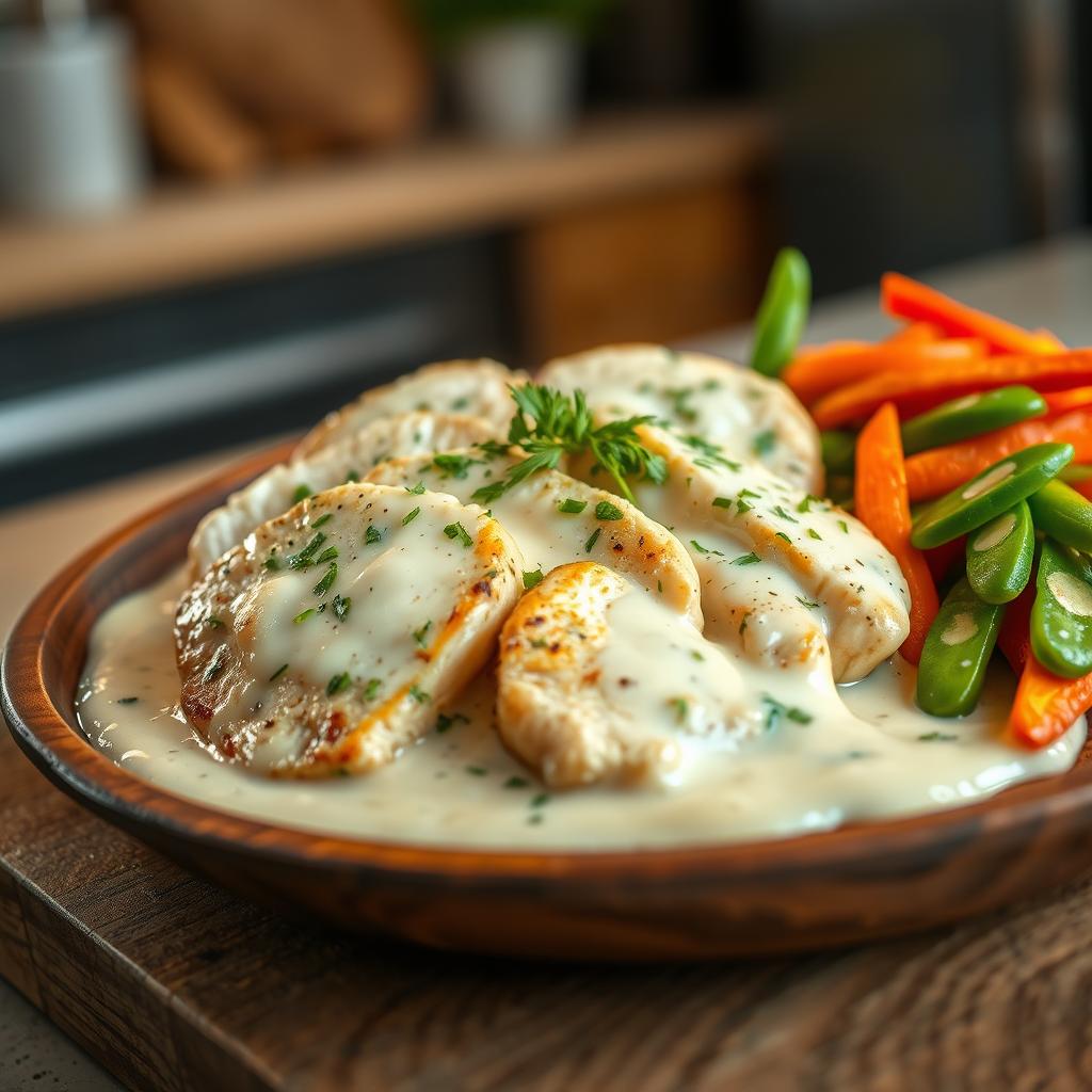 Cooked chicken breast slices in a creamy coconut milk and vanilla sauce, garnished with fresh herbs, served on a rustic wooden plate