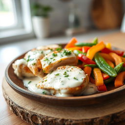 Cooked chicken breast slices in a creamy coconut milk and vanilla sauce, garnished with fresh herbs, served on a rustic wooden plate