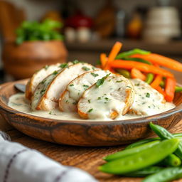 Cooked chicken breast slices in a creamy coconut milk and vanilla sauce, garnished with fresh herbs, served on a rustic wooden plate