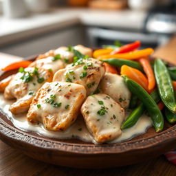 Cooked chicken breast slices in a creamy coconut milk and vanilla sauce, garnished with fresh herbs, served on a rustic wooden plate