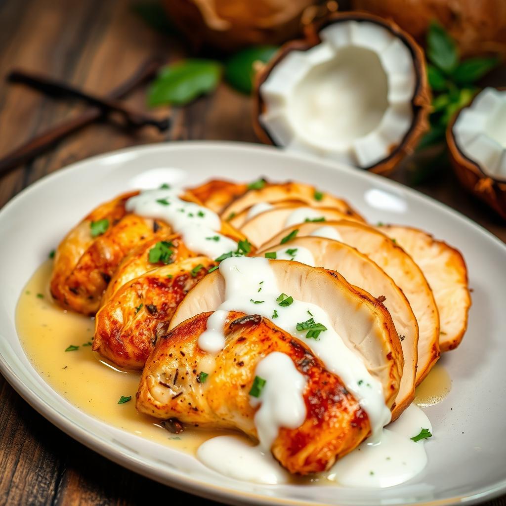 Slices of cooked chicken breast infused with coconut milk and vanilla, elegantly plated and garnished with fresh herbs